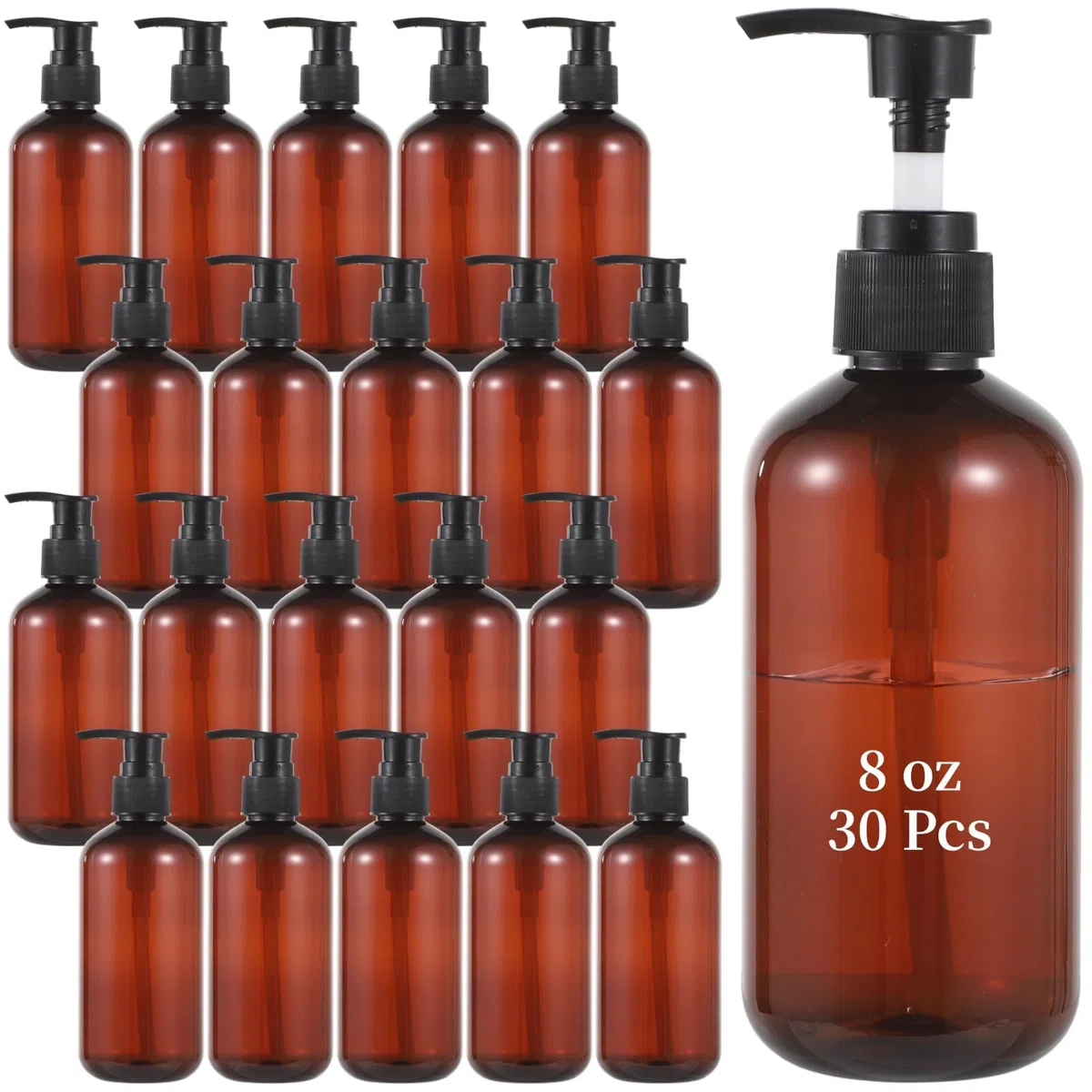 30 STK. Leere Pumpflaschen, 8 oz/236 ml bernsteinfarbene Kunststoffflaschen zum Nachfüllen, Reisespender mit Pumpe für Lotion, Duschgel, Shampoo, Conditioner und Creme