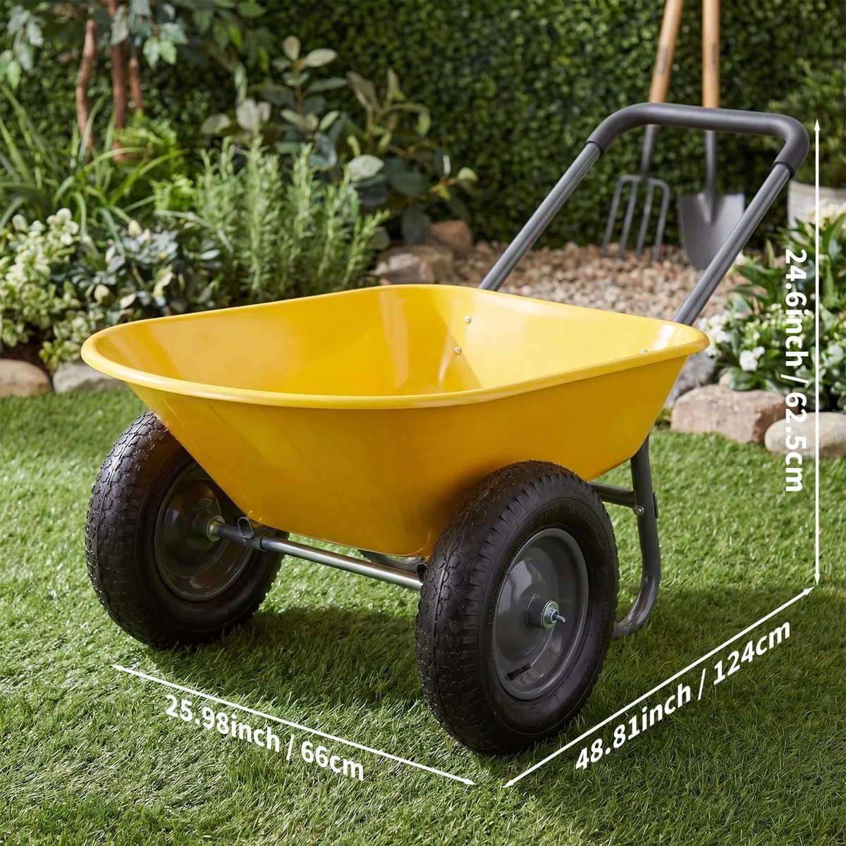 Gartenkarre mit 2 Rädern, Transportwagen aus Eisen und Kunststoff, 124 x 66 x 62,5 cm, Gelb, Transportwagen für Garten und Baustelle