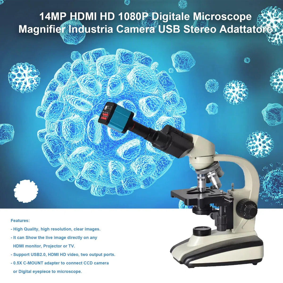 BuyWeek Digital Mikroskop Kamera, 14MP HDMI HD 1080P Industrie Mikroskop Lupe Kamera USB Stereo Mikroskop Adapter(EU-Stecker)