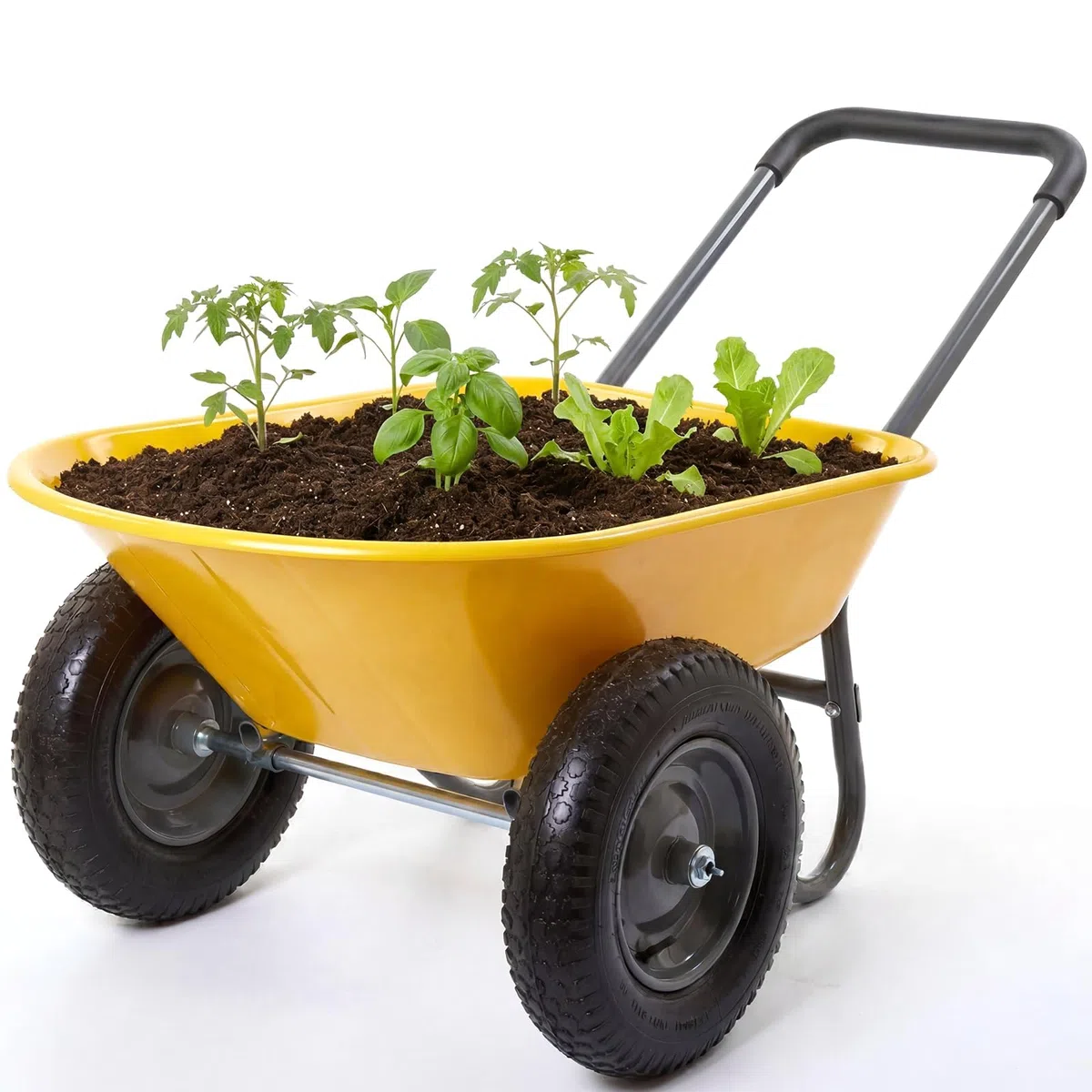 Gartenkarre mit 2 Rädern, Transportwagen aus Eisen und Kunststoff, 124 x 66 x 62,5 cm, Gelb, Transportwagen für Garten und Baustelle