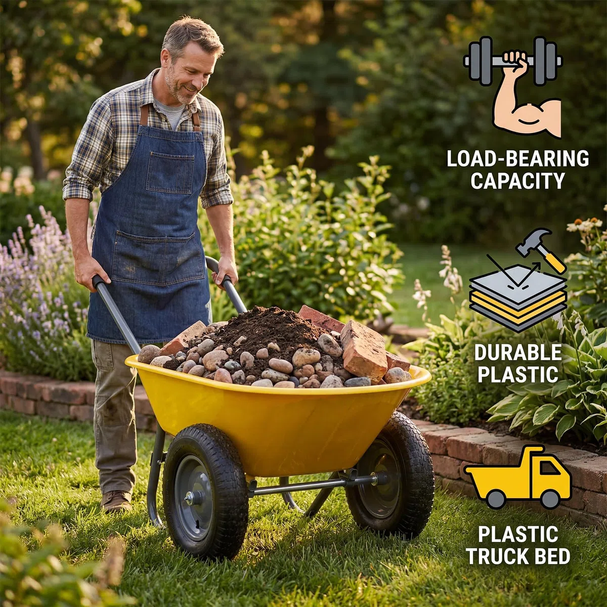 Gartenkarre mit 2 Rädern, Transportwagen aus Eisen und Kunststoff, 124 x 66 x 62,5 cm, Gelb, Transportwagen für Garten und Baustelle