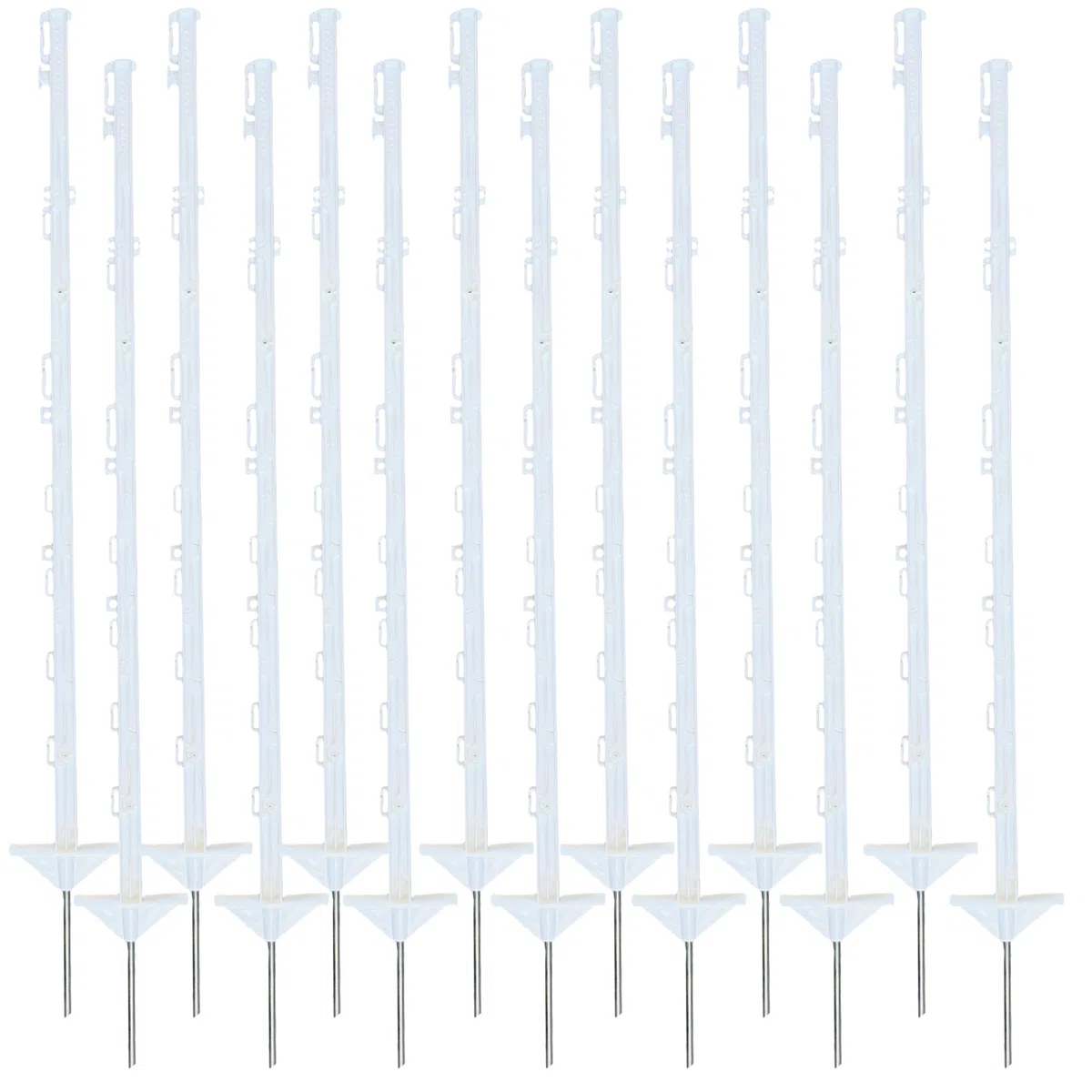 60x Weidezaunpfähle „stark 105“ – 105 cm, weiß, mit Doppeltritt und 10 Isolatorösen