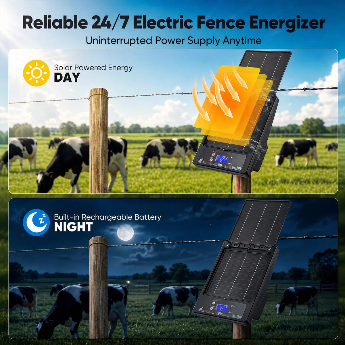 Solar Weidezaungerät mit Klappbarem Dual-Solarpanel, 16 KM Reichweite, 0,3-2J, 6KV-12KV Einstellbar, 18000mAh Lithiumakku, IP55, Elektrozaungerät für Geflügel, Vieh