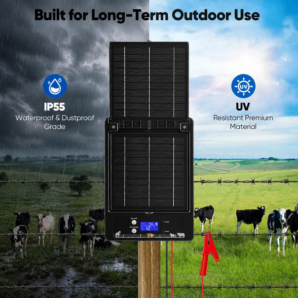 Solar Weidezaungerät mit Klappbarem Dual-Solarpanel, 16 KM Reichweite, 0,3-2J, 6KV-12KV Einstellbar, 18000mAh Lithiumakku, IP55, Elektrozaungerät für Geflügel, Vieh