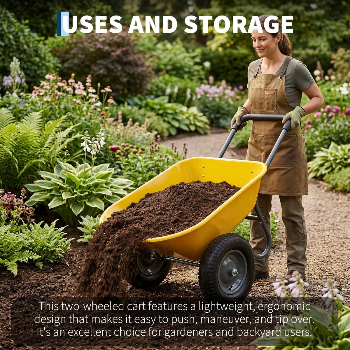 Gartenkarre mit 2 Rädern, Transportwagen aus Eisen und Kunststoff, 124 x 66 x 62,5 cm, Gelb, Transportwagen für Garten und Baustelle