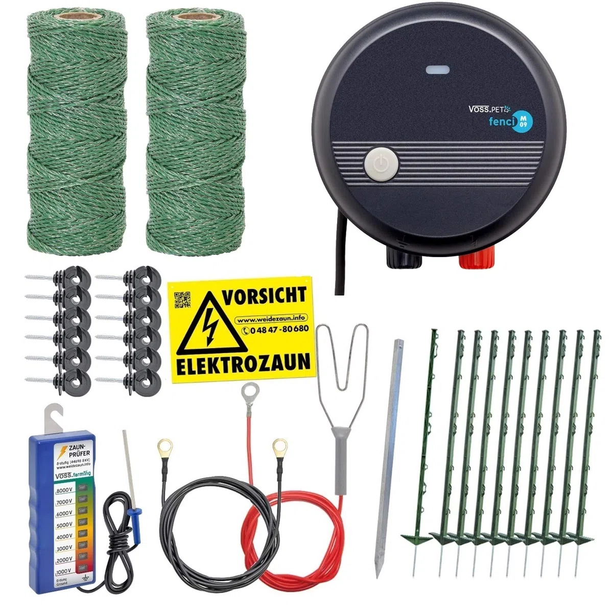 Hundezaun Komplettset 50m Elektrozaun, ideal für Einzäunungen in Ihrem Garten mit umfangreichem Zubehör, anschlussfertig mit 200m grüner Weidezaunlitze und Zaunprüfer, 10 grüne Pfähle 105cm