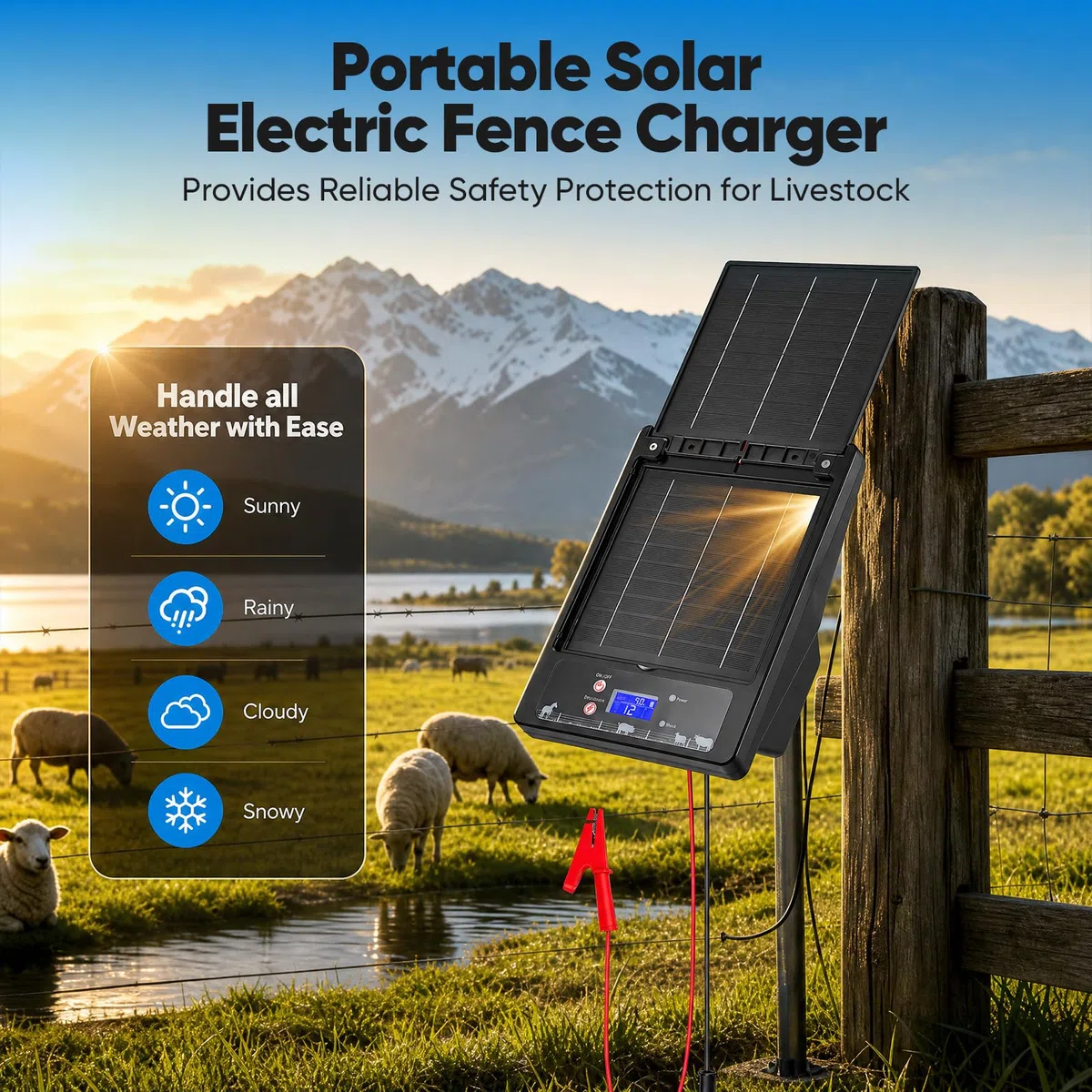 Solar Weidezaungerät mit Klappbarem Dual-Solarpanel, 16 KM Reichweite, 0,3-2J, 6KV-12KV Einstellbar, 18000mAh Lithiumakku, IP55, Elektrozaungerät für Geflügel, Vieh