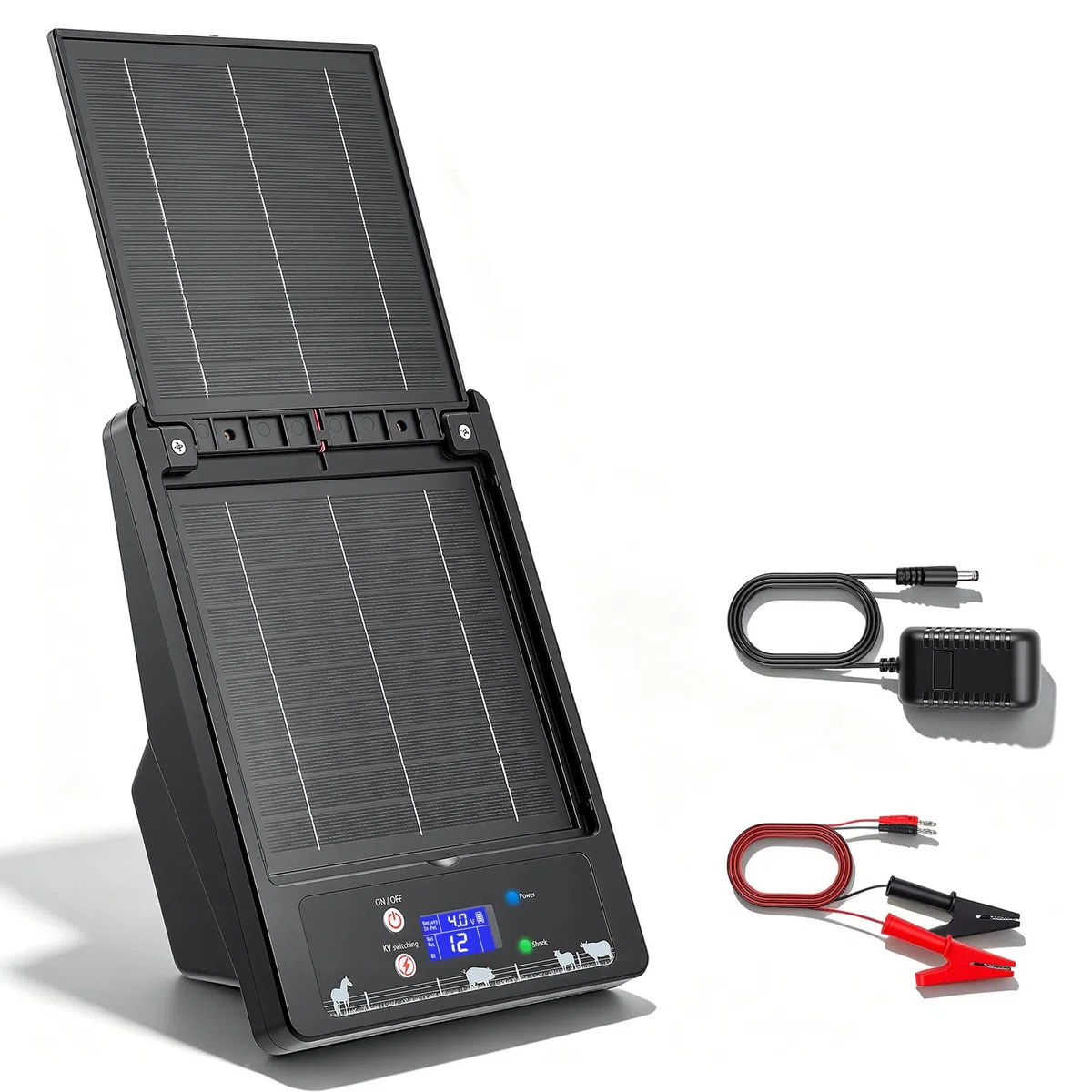 Solar Weidezaungerät mit Klappbarem Dual-Solarpanel, 16 KM Reichweite, 0,3-2J, 6KV-12KV Einstellbar, 18000mAh Lithiumakku, IP55, Elektrozaungerät für Geflügel, Vieh