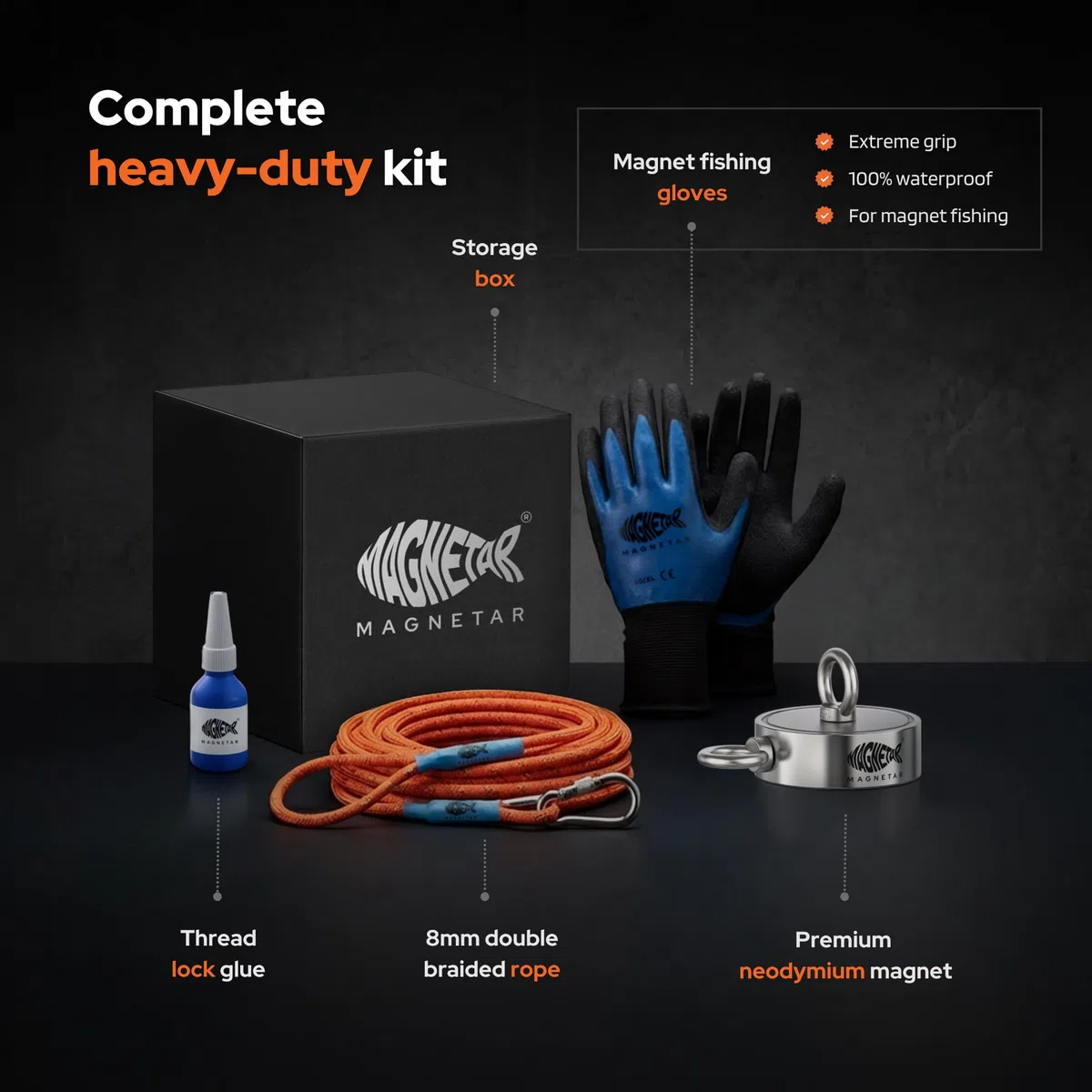 Magnetar - Magnetfischen Set - Doppelseitig 500kg Bergemagnet - Magnetangel Paket mit Doppelmagnet/Seil/Handschuhen/Kleber - Angelmagnet zum Magnet fischen